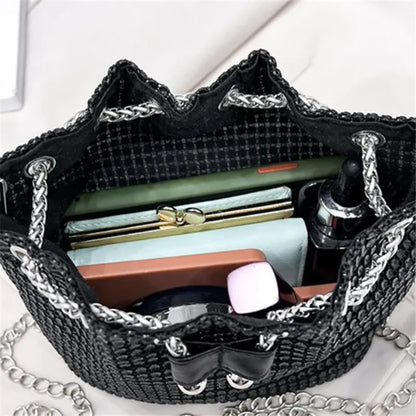 Sparkling Rhinestone Embellished Drawstring Crossbody Bag for Women Multi-Functional Bucket Purse with Detachable Chain Strap