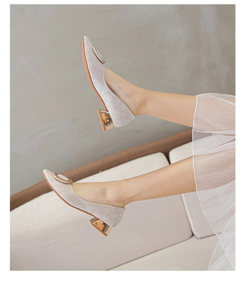 Womens Light Blue Glitter Pointed Toe Block Heel Pumps With Gold Square Buckle Detail Metallic Heel Elegant Dress Shoes Ladies