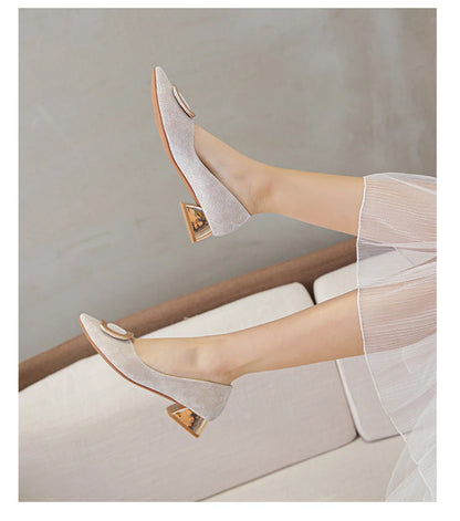 Womens Light Blue Glitter Pointed Toe Block Heel Pumps With Gold Square Buckle Detail Metallic Heel Elegant Dress Shoes Ladies