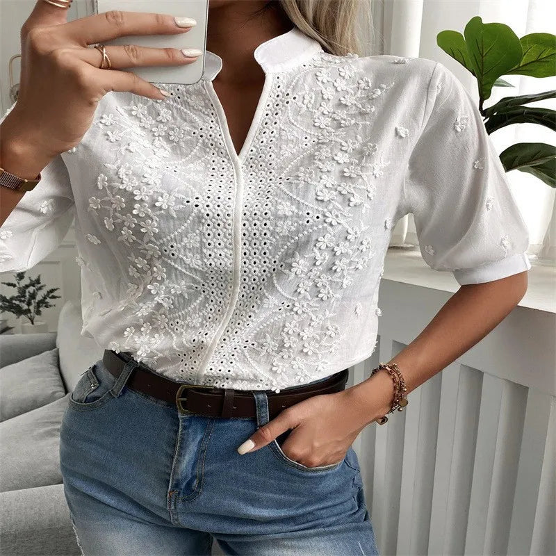 2026 Summer Women's Elegant Short Sleeve White Blouse - Vintage Cotton Crochet Hollow Out Embroidery Tops Fashion