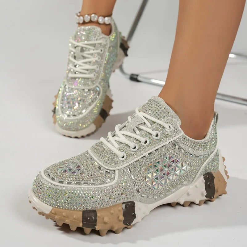 2026 Thick Soled Color Blocked Women's Sneakers Luxury Rhinestone Loafers Fashion Versatile Comfort Anti Slip Women Shoes Tenis