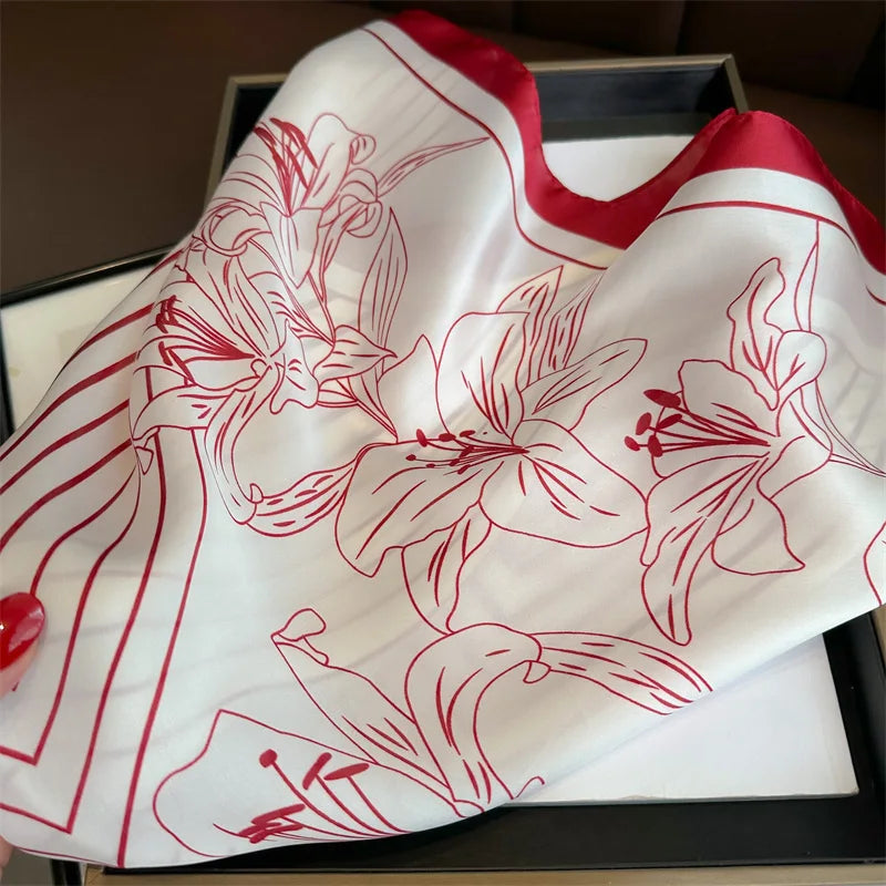 2025 New Fashion Women Silk Scarf 70cm Square Scarves Floral Print Bandana Neckerchief Hijab Lady Luxury