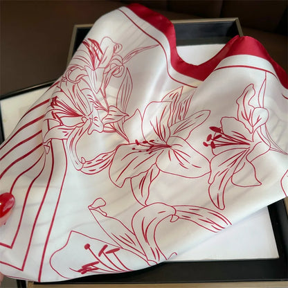 2025 New Fashion Women Silk Scarf 70cm Square Scarves Floral Print Bandana Neckerchief Hijab Lady Luxury