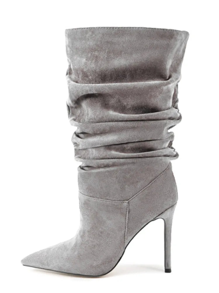 2025Women's Autumn and Winter New Pleated High-heeled Short Boots with Pointed Sleeves, Women's 35-47 Large Mid Length Boots