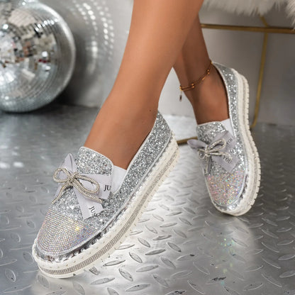 Women Sneakers 2025 New Luxury Crystals Bowknot Loafers Sequined Flat Platform Shoes Couple Fashion Plus Size Sneakers Women