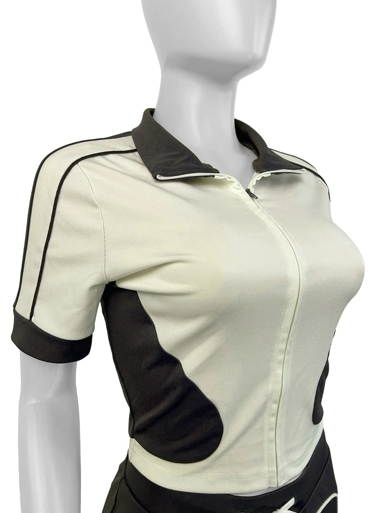 Women Sets Outfit Summer Streetwear Panelled Two Tone Slim Sports Short Sleeve Shorts Suits Zip Crop Tops Casual 2 Two Piece Set
