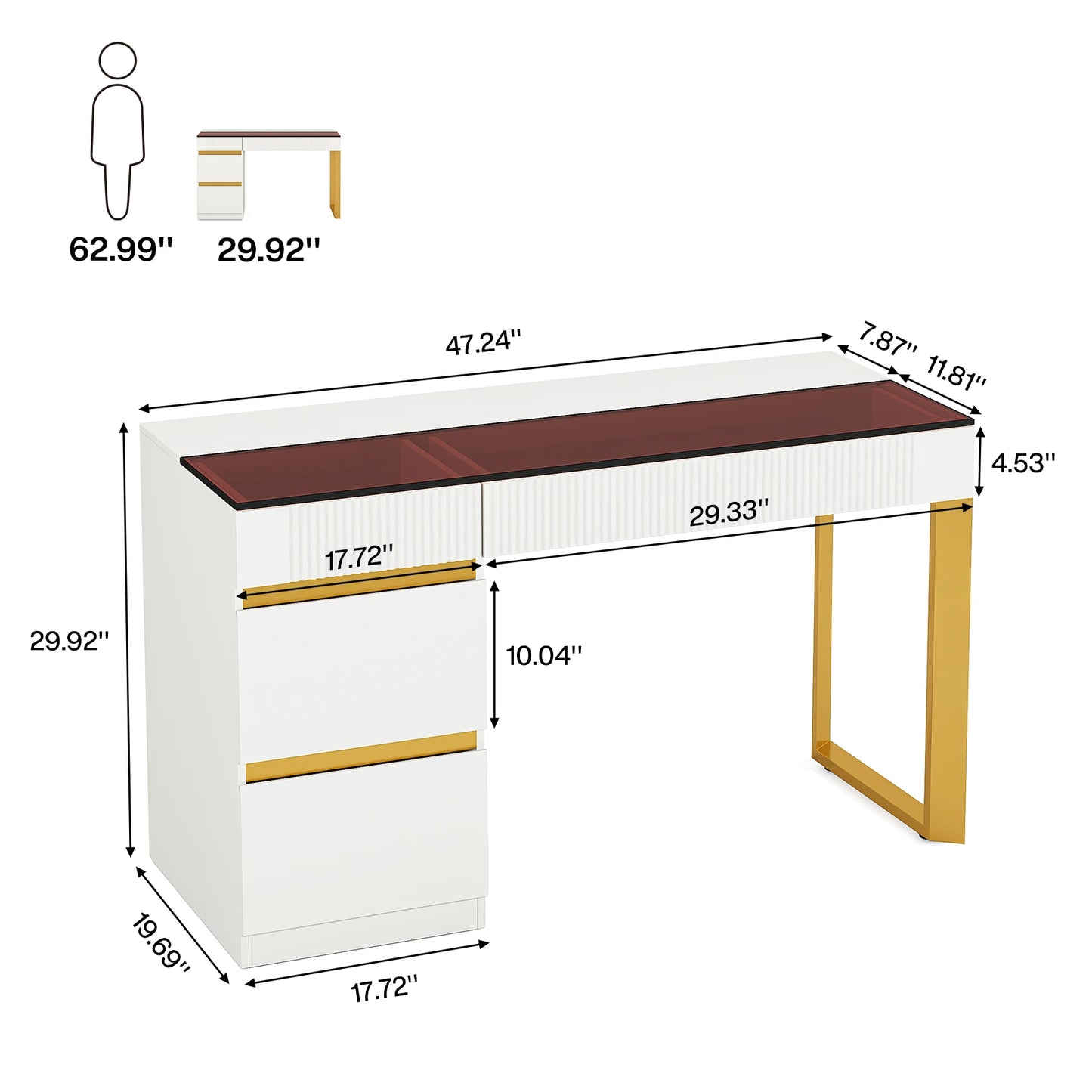 Tribesigns Computer Desk with 4 Drawers, 47 Inch Modern Home Office Desk with Glass Top, White and Gold Writing Workstation Desk