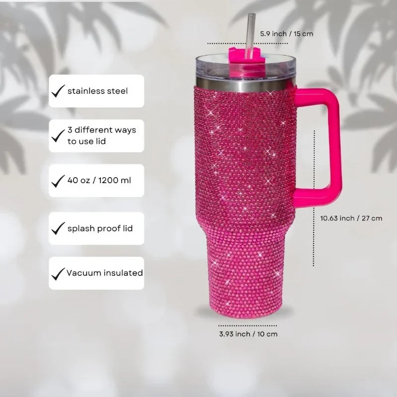 40oz Rhinestone Tumbler Stainless Steel Straw Women Cup Shiny Diamond Travel Car Thermoses Coffee Mug Water Bottle Drinkware