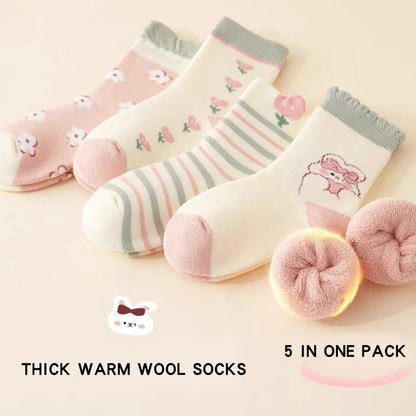 5 Pairs Thickened Fleece Rabbits Pattern Children Girls Warm Socks Lovely Trendy Soft Comfortable Elastic Half Sock for Girls