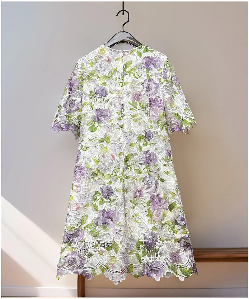Womens Summer Hollow Embroidery Dress Short Sleeve Beaded Applique Lace Midi Dress Casual Elegant Chic Summer Party Wear