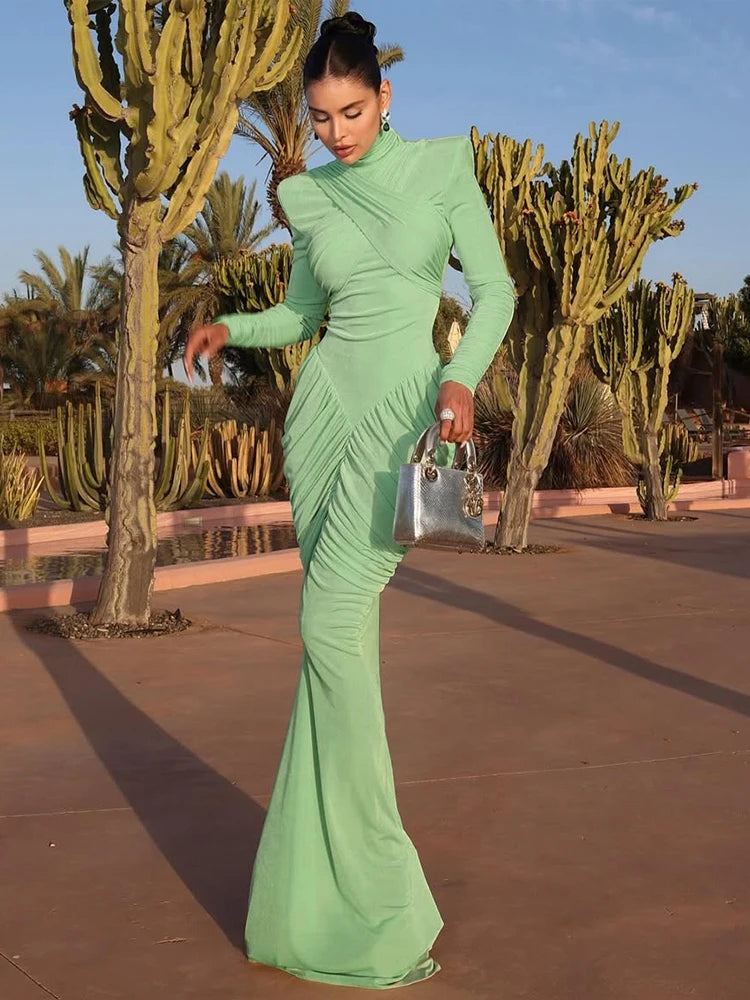 Weird Puss Autumn New Style Maxi Dress Women Turtleneck Full Sleeve Backless Skinny Stretch  Prom Party Ruched Elegant Vestidos