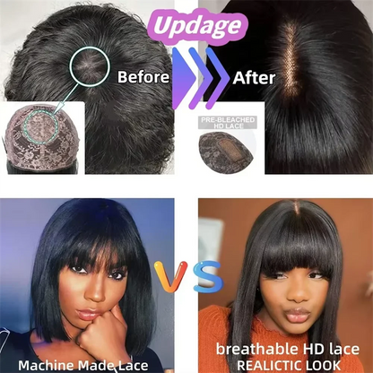 Bone Straight Human Hair Wig With Bangs Fringe Brazilian 3x1 HD Lace Frontal Wigs For Black Women 220% Density 34Inch