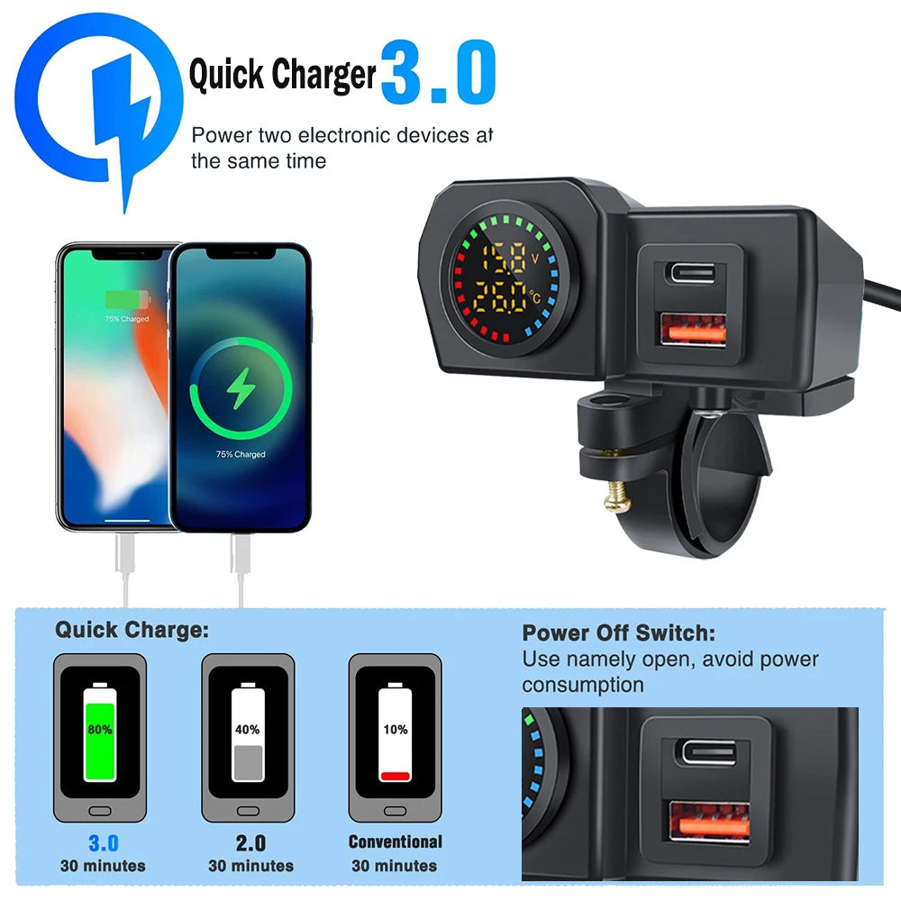 60W QC3.0+PD Motorcycle USB Charger Handlebar Power Adapter with Digital Voltmeter Thermometer Rear Switch Fast Charging Socket