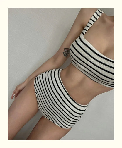 Korean Style Summer Stripe Women High Waisted Swimwear Female Push Up Swimsuit 2024 Swimming Bathing Suit Bikini Set Beach Wear