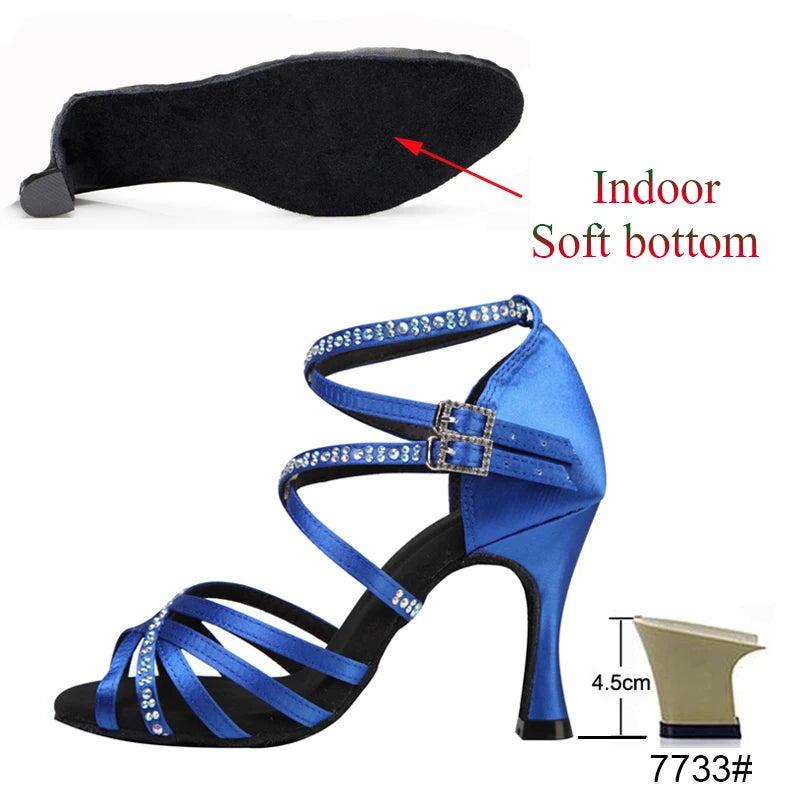 New Latin Dance Shoes Salsa Tango Ballroom Party Women's Shoes High Heeled Rhinestones Bronze Blue Girls Summer Sandals Outdoor