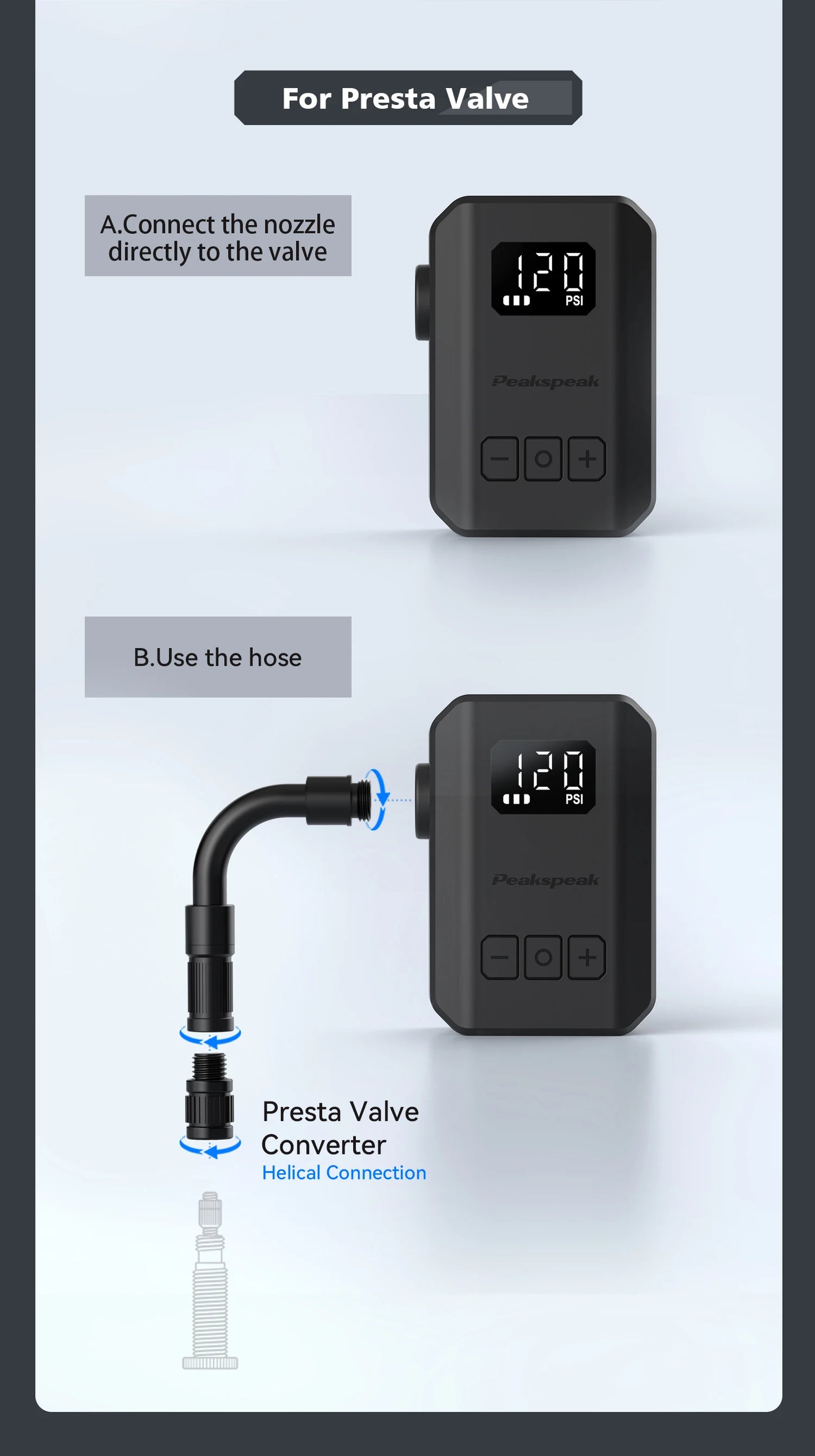 [2026 NEW] Peakspeak AS260PRO Electric Mini Bike Pump 600mAh Battery 120PSI Max Bike Cordless Tire Inflator with LED Display