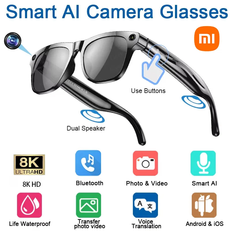 Xiaomi 8K AI Smart Glasses Multifunctional Camera Bluetooth Call Voice Assistant Music Player Translate Photochromic HD Glasses