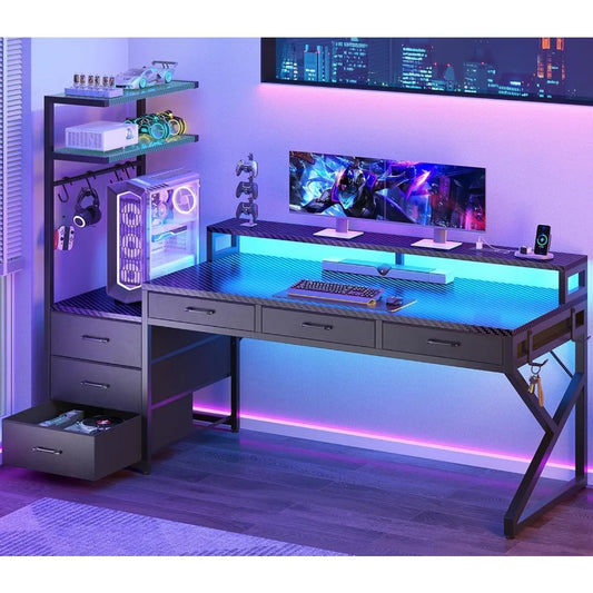 55" Gaming Desk with 6 Drawers, Corner Gaming Desk with Storage & LED Lights, Reversible PC Desk with Power Outlet,, Customized