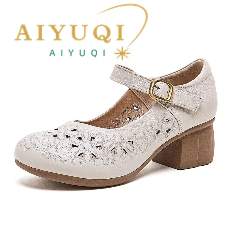 DIMANYU Women Floral Hollow Mary Jane Shoes Genuine Leather Mid Heel Summer Comfort Mother Shoes Ladies Dress Sandals