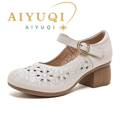 DIMANYU Women Floral Hollow Mary Jane Shoes Genuine Leather Mid Heel Summer Comfort Mother Shoes Ladies Dress Sandals