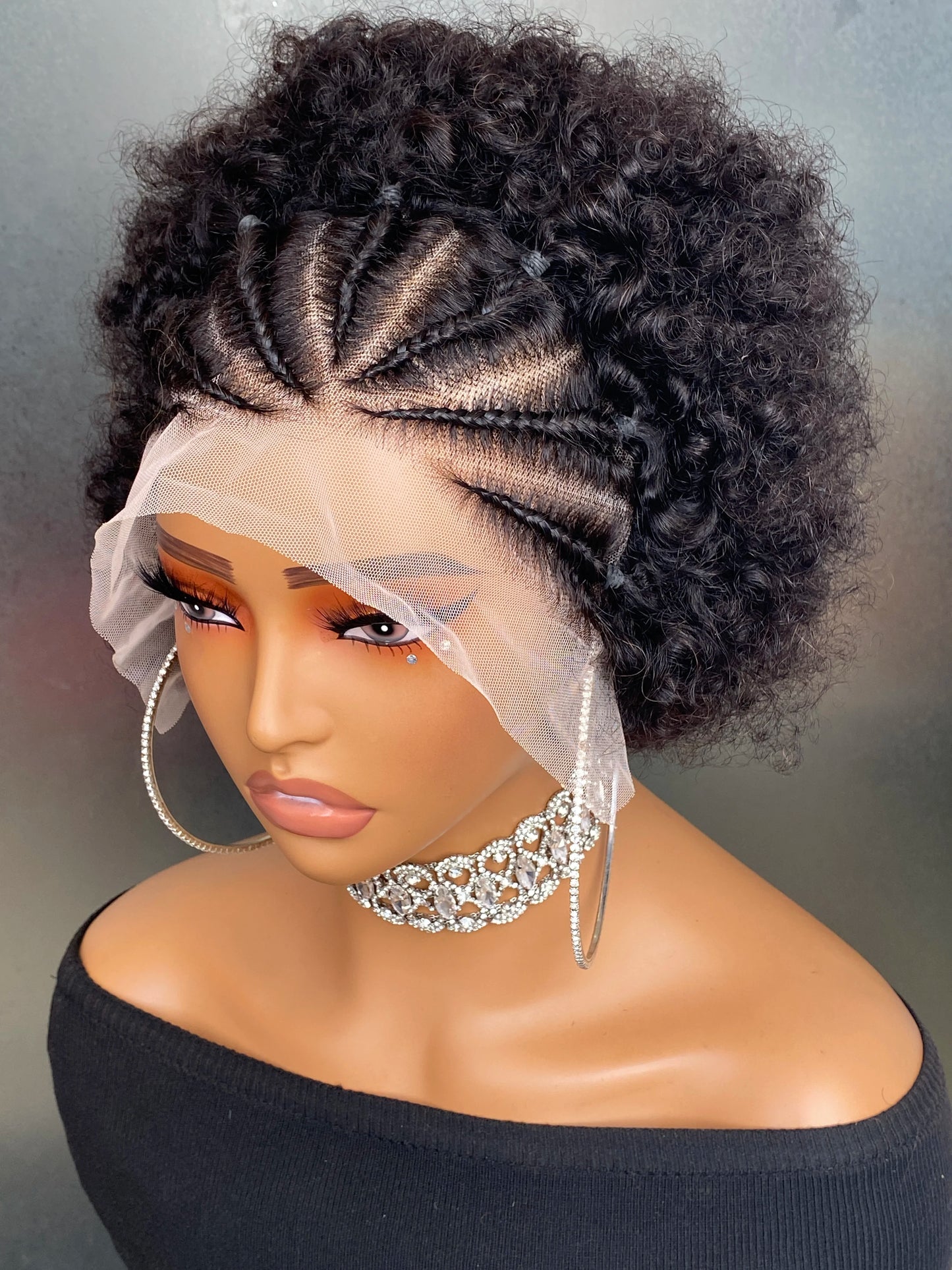 13x4 Lace Front Braided Wigs Human Hair, Pre Braided Afro Kinky Curly Wigs Afro Puff Design for Women