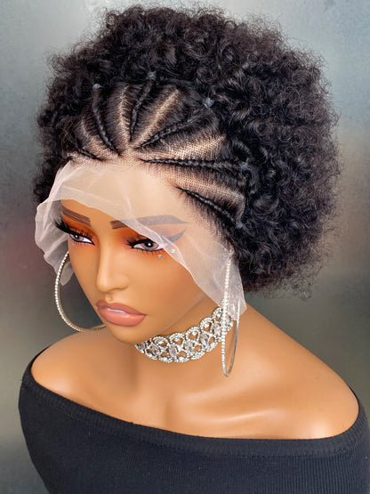 13x4 Lace Front Braided Wigs Human Hair, Pre Braided Afro Kinky Curly Wigs Afro Puff Design for Women