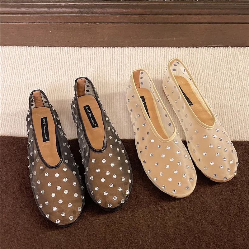 Women Flats Luxury Crystal Rivet Design Sandals Summer Mesh Breathable Ballet Shoes Plus Size Ladies Elegant Party Dress Loafers