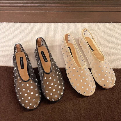 Women Flats Luxury Crystal Rivet Design Sandals Summer Mesh Breathable Ballet Shoes Plus Size Ladies Elegant Party Dress Loafers