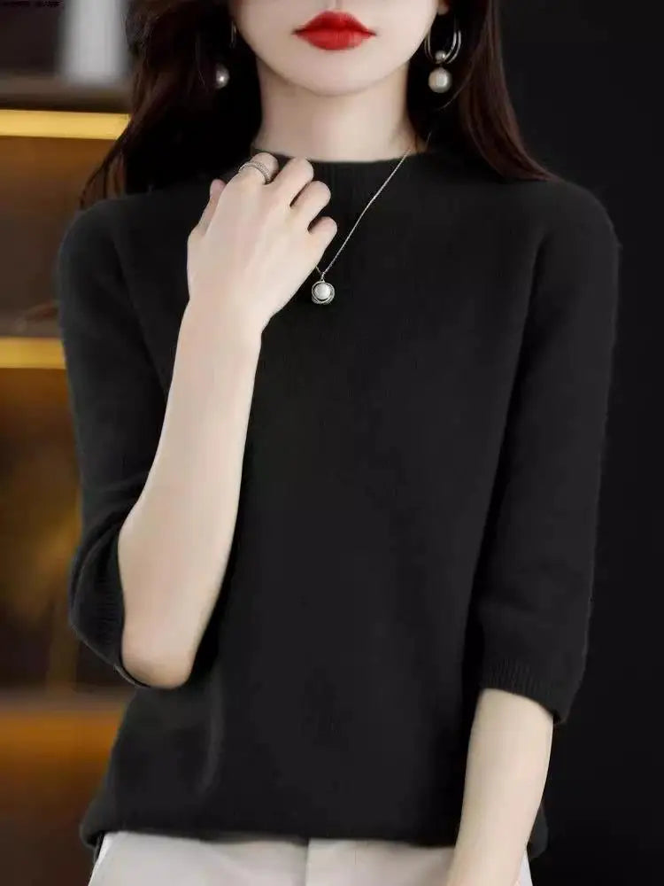 2026 New Soft Short Sleeve Women's Half High Neck Overhead Wool Blend Simple Loose Thin Seven Sleeve Woolen Sweater