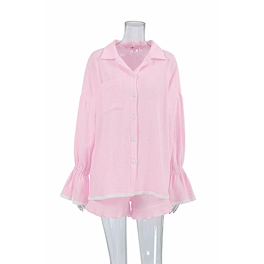 Casual Crape Cotton Pink Two Pieces Sets Women Lace Lantern Sleeve Shirts And Baggy Shorts Sleepwear Spring Summer