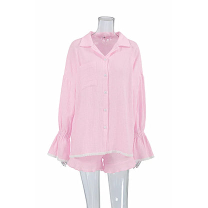 Casual Crape Cotton Pink Two Pieces Sets Women Lace Lantern Sleeve Shirts And Baggy Shorts Sleepwear Spring Summer