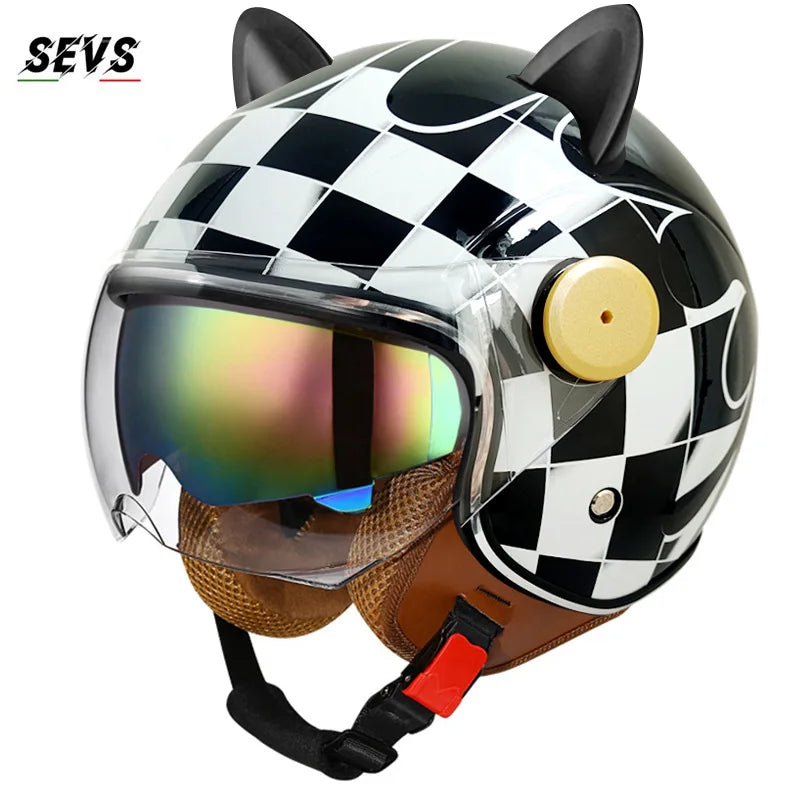 Motorcycle Helmet Retro 3C & DOT Certified Half Face ABS Helmet Dual Visor Hidden Sun Shield Removable Cute Cat Ears