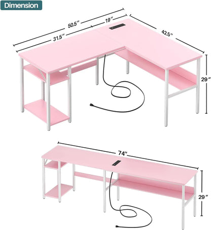 Reversible L-Shaped Desk with Power Outlets & USB Ports, Sturdy Corner Computer Desk with Storage Shelves, Easy Assembly Pink