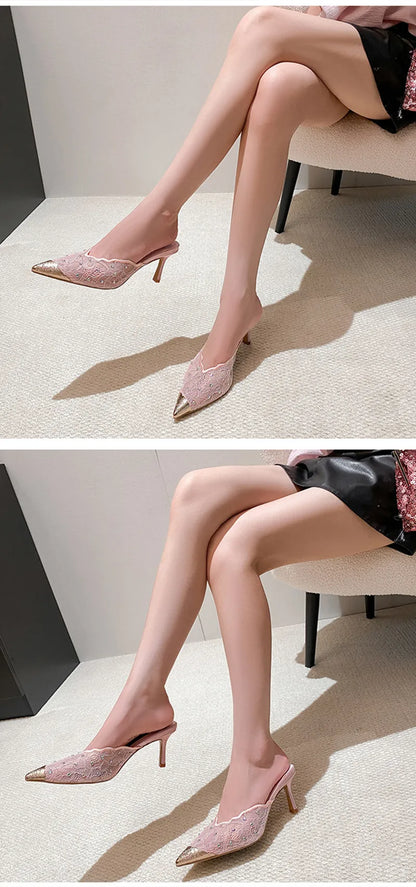 Luxury Rhinestones Mesh Lace Women Pumps Sandals Summer Elegant Pointed Toe 8cm Thin High Heels Mulse Sides  Fashion Party Shoes
