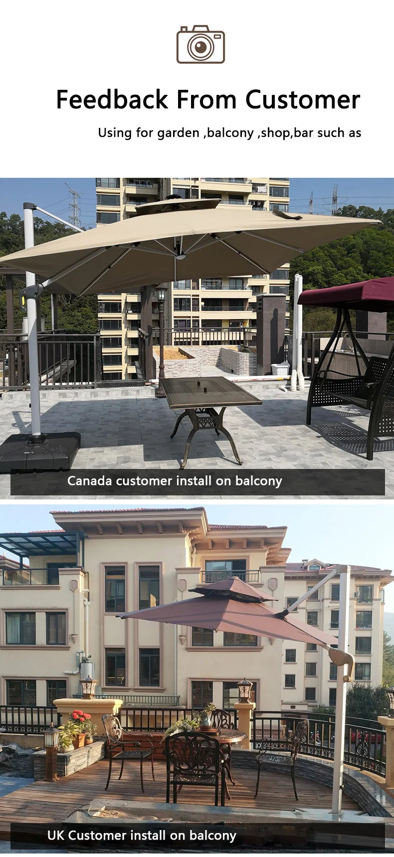 Outdoor Furniture Sunshade  Garden Umbrella Aluminum 3m square Offset Parasol 10 ft Cantilever Commercial Patio Umbrella & Bases