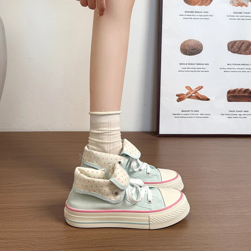 New High Help Canvas Shoes Dots Women's Casual Shoes Woman Vulcanize Sneakers Comfortable Sport Walking Platform Flats Shoes 015