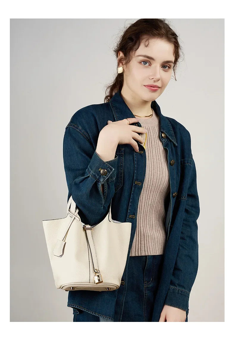 Genuine Leather Shoulder Bucket Bag Women Litchi Pattern Mini Basket Tote Soft Handbag Mommy Bride Wedding Bags with Lock