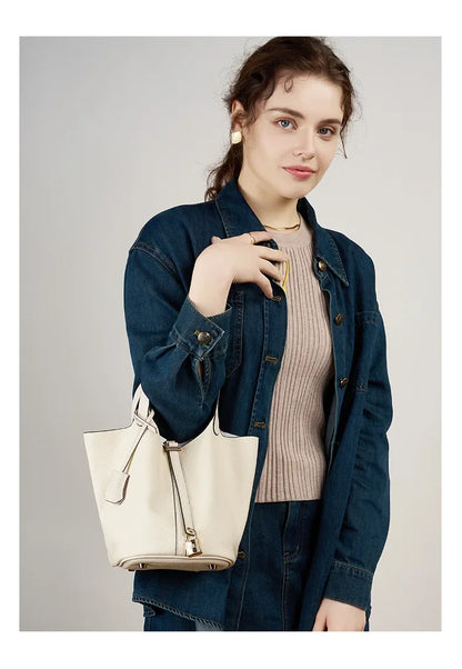 Genuine Leather Shoulder Bucket Bag Women Litchi Pattern Mini Basket Tote Soft Handbag Mommy Bride Wedding Bags with Lock