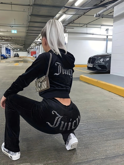 Women's Y2K Jogging Two-Piece Hooded Set Fall Winter Jogger Comfortable Pantsuit Long-Sleeved Jacket Coat & Trousers Casual Sets