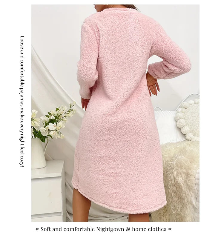 Women Nightgown Nightdress Winter Plush Sleepwear Dress Soft Comfort Long Sleeve Pajama Thicken Flannel Nightwear Home Clothing