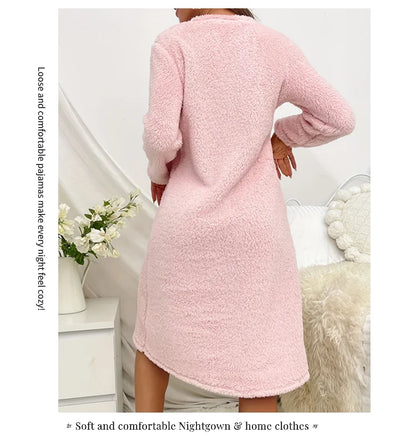 Women Nightgown Nightdress Winter Plush Sleepwear Dress Soft Comfort Long Sleeve Pajama Thicken Flannel Nightwear Home Clothing