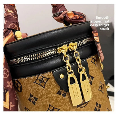 Stylish Printed Bucket Bag with Scarf Detachable Strap Shoulder Crossbody Bag for Women