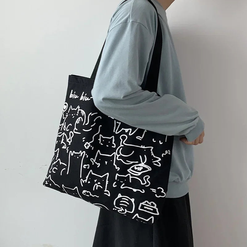 Canvas Bag Womens Handbag Shopping Bag Cute Cat Zipper Handbag Designer Bag Japanese Style Cartoon Small Shoulder Bag
