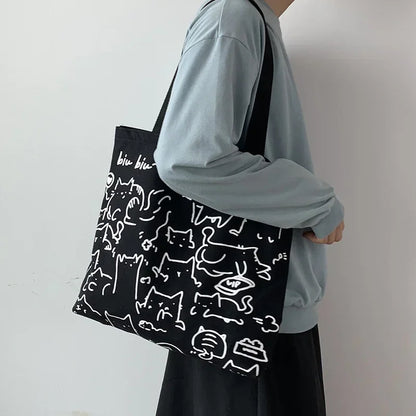 Canvas Bag Womens Handbag Shopping Bag Cute Cat Zipper Handbag Designer Bag Japanese Style Cartoon Small Shoulder Bag
