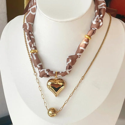 Women’s Fashion Scarf Necklace with Large Stainless Steel Heart Pendant Stackable Bandana Jewelry