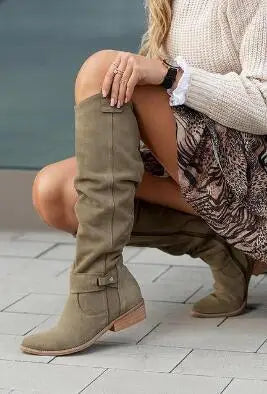 long women's boots Low Heel Side Zip Size 43 Suede Thigh High Women's Boots Retro Woman Booties Autumn Winter Knee High Boots