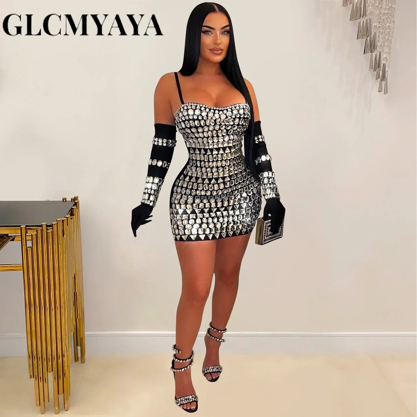 GLCMYAYA Women Diamonds Hot Rhinestones Crystal Spaghetti Strap Birthday Bodycon Midi Dress Sexy Party Even Dresses Vestidos