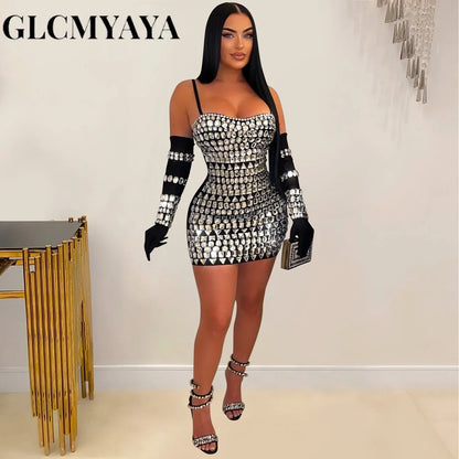 GLCMYAYA Women Diamonds Hot Rhinestones Crystal Spaghetti Strap Birthday Bodycon Midi Dress Sexy Party Even Dresses Vestidos