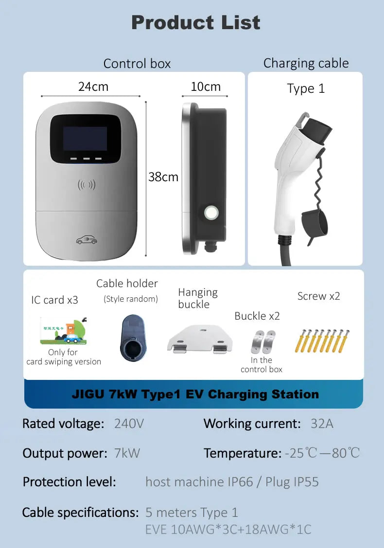 JIGU SAE J1772 EV Charger Type 1 Wallbox Electric Vehicle Charging Station EVSE 7KW 32A 220V 1 Phase Car Charger With Screen