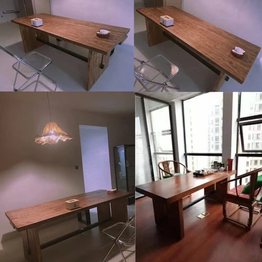 Farmhouse Solid Wood Brown Dining Table Minimalist Rectangle Kitchen Dining Table with Trestle Base Conference, Customized